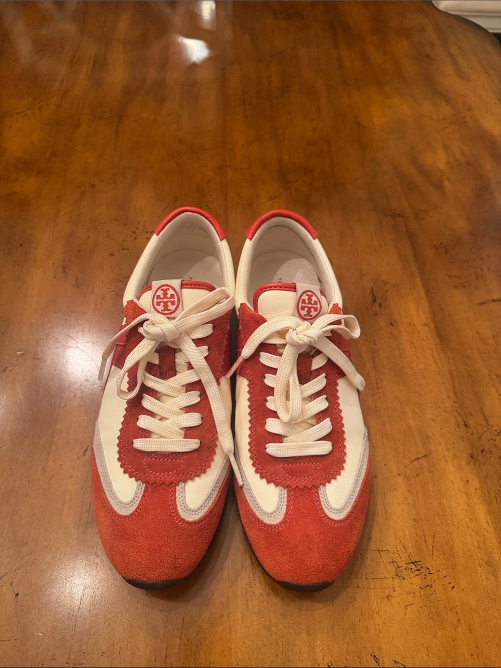 Tory Burch Red and White Suede & Leather Lace-Up Hank Sneakers